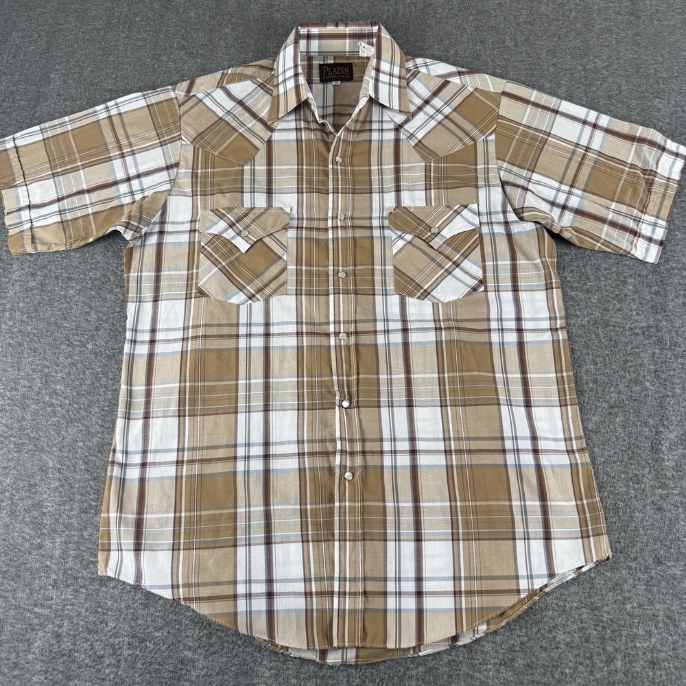 Plains Western Wear Pearl Snap Shirt Mens Medium Plaid Cowboy Ranch Rodeo Tan